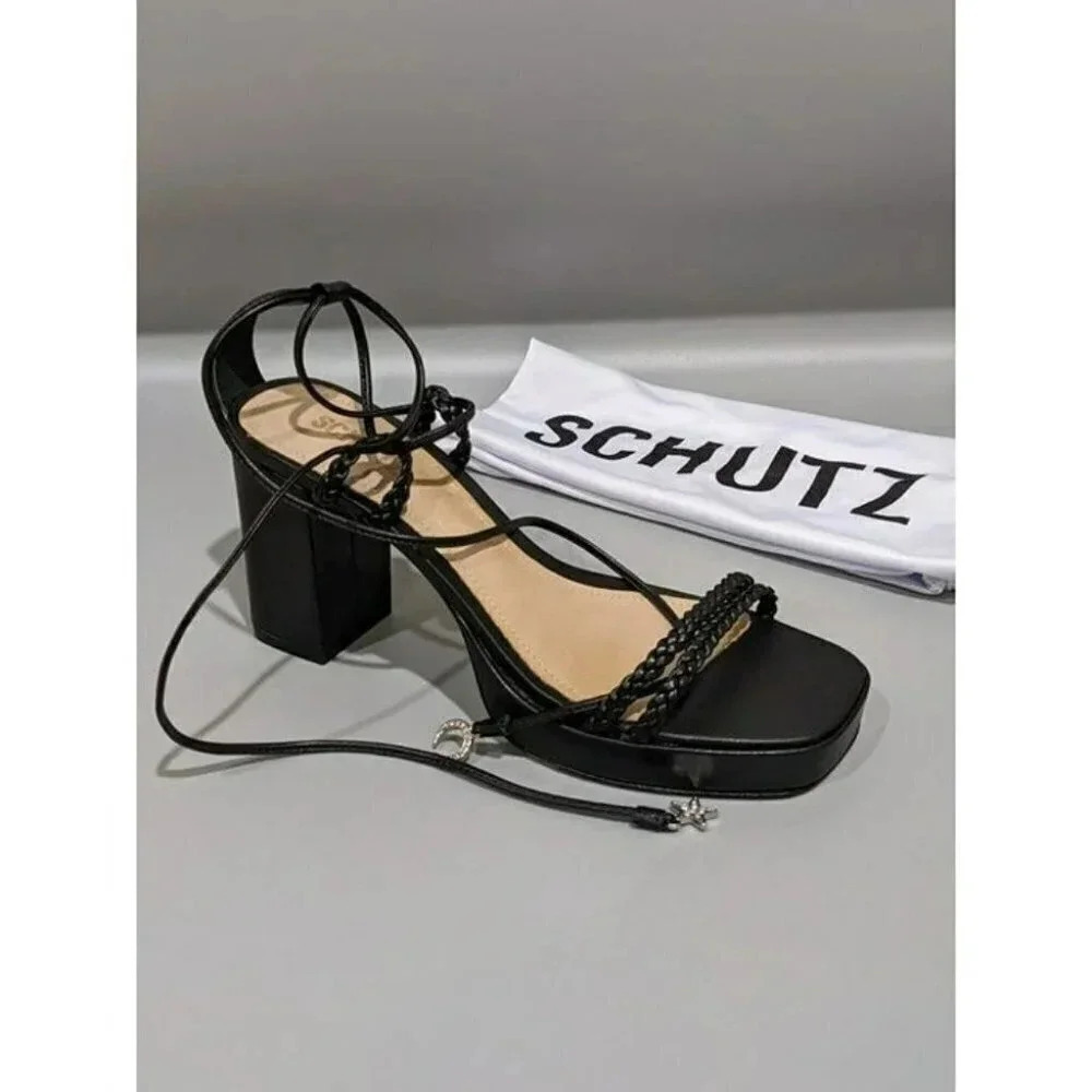 Schutz Lunah Plat Women's Leather Lace-up Sandals Black Color Size 9.5 M - Picture 2 of 7